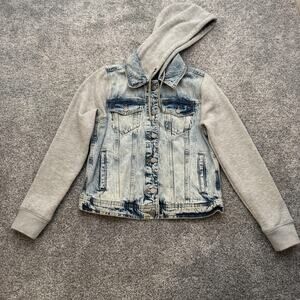 Aeropostale Jacket Womens Medium Blue Denim Gray Hoodie Jean Sweater Hooded M